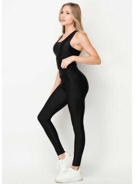 New Fashion Shiny Black Active Tank Top & Leggings Set